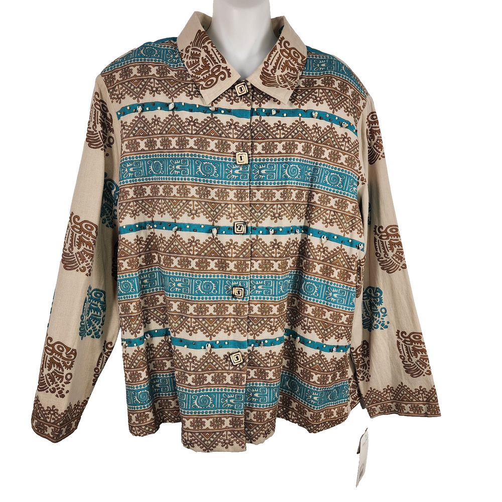 West End Womens Shirt Shacket XL Aztec Peacock Linen Blend Button Up Beaded VTG